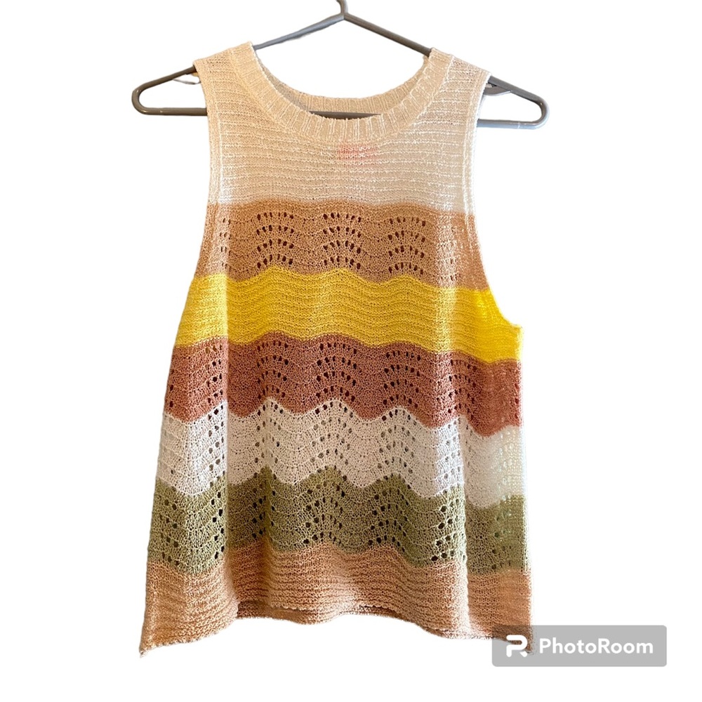 Love Riche Boho Crochet Cream Tan Olive Yellow Open Weave Tank Top Sz Small